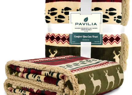 PAVILIA Premium Christmas Sherpa Throw Blanket, Green Red Cabin Design with Reindeer Print, Ultra Soft Reversible Fleece & Sherpa 50x60 Cozy Winter Blanket, Cozy Christmas & Holiday Decor