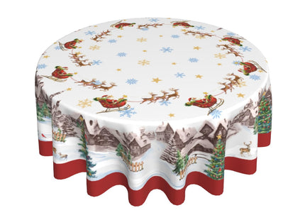 Giwawa 60in Christmas Round Tablecloth Santa Claus Sleigh Reindeer Table Cover Xmas Tree Winter Snowflakes Stain Resistant Waterproof Table Cloth for Kitchen Dining Holiday Indoor Outdoor Decor