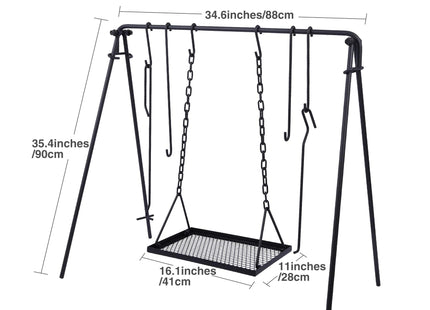 Lineslife Grill Swing Hanging Campfire Cooking Stand with Adjustable Iron Grill Grate, Collapsible Campfire Cooking Rack with Hooks and Accessories for BBQ Picnic, Outdoor Camping Cookware, Dutch Oven