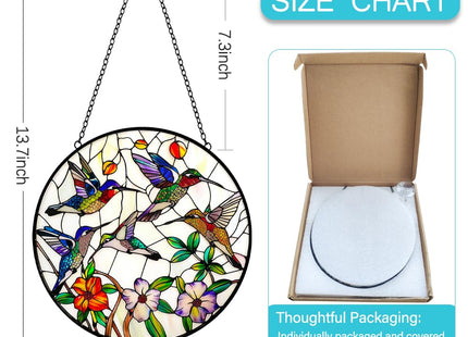 Hummingbird and Flowers Stained Glass Window Hanging - 8″ Hummingbird Suncatcher Indoor Window Hanging Decor Birds Ornaments with Chain and Hooks - Hummingbird Gifts for Women Mom Grandma Bird Lovers