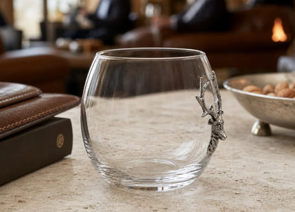 Vagabond House Elk/Deer Stemless Wine Glass, Premium Hand-Blown Crystal, Rustic Lodge Style, Perfect for Red/White Wine, 3.25" Tall, 8 oz - Sold as Single Glass