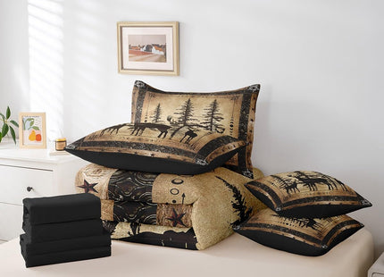 Erosebridal Rustic Deer Comforter Set 7 Piece Farmhouse Cabin Bed in A Bag Twin Western Woodland Wildlife Bedding Comforter Sets for Kids Boys Adults Men Black Retro Country Animal Bed Set