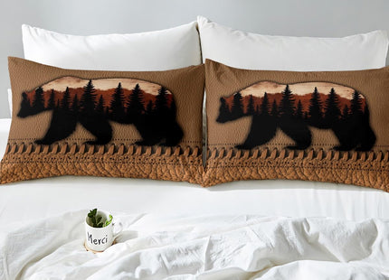 Rustic Bear Queen Bed Sheets For Men,Hunting Woodland Animal Bed Sheet Set Country Brown Patchwork Cowhide Fitted Sheet Farmhouse Flat Sheet Trees Silhouette Wooden Board Decor Bedding 2 Pillow Cases