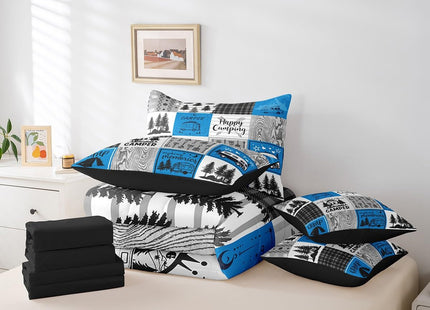Erosebridal Blue Rv Bedding Set Queen Rustic Camper Bed in A Bag 7 Piece Camping Bunk Accessories for Camper Car Rv Comforter Set for Travel Trailers Country Buffalo Plaid Pine Tree Arrow Bed Set