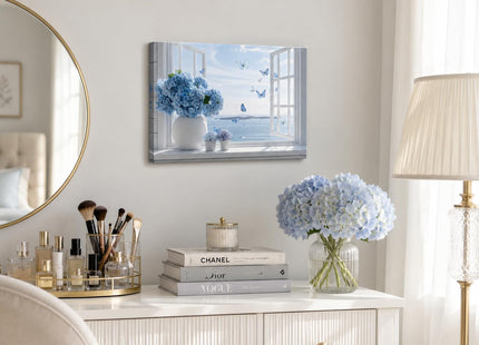 Birnsen Coastal Bathroom Canvas Wall Art Blue Hydrangea Floral Vase Butterfly Open Window Beach Seascape Wall Decor Poster Print Artwork for Living Room Bedroom Bathroom Home Decor 12x16in