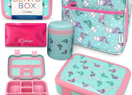 kinsho Bento Lunch Box Set with Thermo Bag & Ice Pack Pink Aqua Cat Mermaid