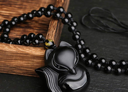 ASGIFT Lucky Fox Necklace Black Obsidian Big Fox Animal Amulet Protection Pendant with Adjustable Beads Chain Natural Crystal Fox Necklaces Jewelry For Women Men