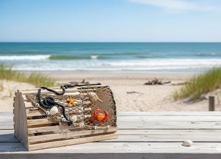 Decorative Lobster Trap Decor – Well Crafted Distressed Wood - Features Fishnet, Seashells Crab Starfish - Nautical Decorations for Home, Boats and Beach House - Decorative Crab Trap Gift Box