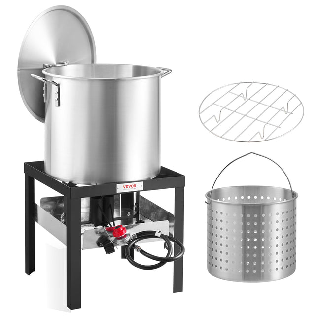 VEVOR 100 Qt Seafood Boiling Kit with Strainer, Outdoor Seafood Boil Pot and Basket, Cooking Set for Crab Crawfish Lobster Boiling, Aluminum Stockpot with 100,000 BTUs Propane Burner and Steamer Rack