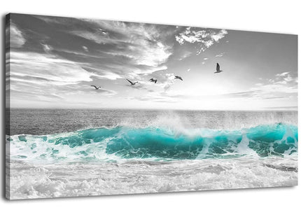 yearainn Large Ocean Canvas Wall Art for Living Room Wall Decor Teal Sea Wave Canvas Prints Artwork Seagull Birds Canvas Pictures for Bedroom Home Office Wall Decorations Ready to Hang 20" X 40"