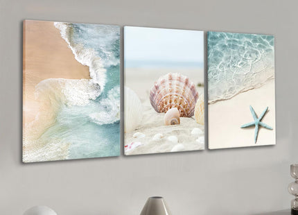 3pcs Beach Coast Canvas Wall Art Summer Beach Ocean Waves Shells Starfish Print Decoration Painting Blue Ocean Posters Prints for Living Room Bedroom Kitchen Sea View Room Wall Decor 16×24Inch