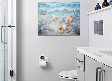 yerretin Beach Seashell Bathroom Wall Art Coastal Starfish Pictures Wall Decor Modern Home Canvas Painting Decorations Artwork for Living Room Bedroom Office Framed, 16"x12"