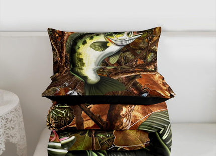 Erosebridal Bass Fish Hunting Duvet Insert Queen Pike Fish Fishing Rod Comforter Set Gifts for Men Women Fisherman Fishing Lover, Retro Wooden Branches Down Comforter Rustic Farmhouse Bedding Set