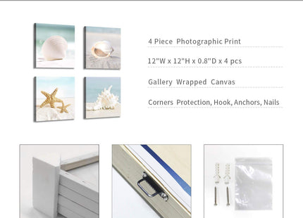 ARTISTIC PATH Coastal Starfish & Seashells Canvas Wall Art, 12"x12"x4 PCS