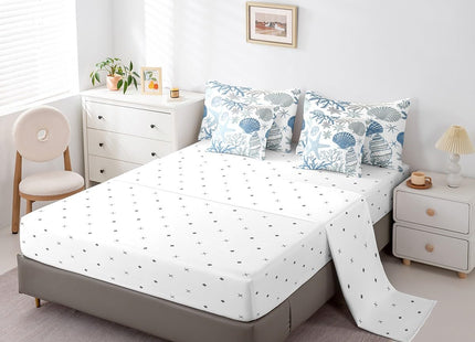 Erosebridal Nautical Coastal Bed in a Bag Queen Comforter Set 7 Piece,Blue Ocean Beach Bedding Set Seashell Starfish Sheet Sets with Comforter Conch Shell Coral Bed Set,Plain White Blue Room Decor