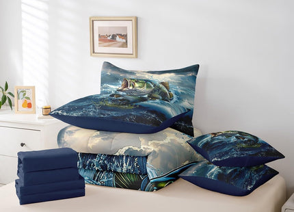 Feelyou Pike Fish Full Comforter Set with Sheets 7 Piece Bass Big Fish Bedding Set Ocean Fishing and Hunting Bed in a Bag
