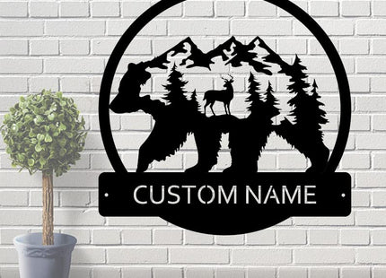 Deer Bear Forest Custom Name Sign Metal Wall Art Personalized Last Name Plaque Outdoor Metal Wall Art Personalized Gift for Wedding/Housewarming