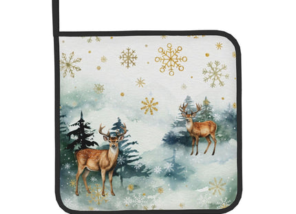 Winter Green Forest and Deer Oven Mitts and Pot Holders Sets Heat Resistant Non Slip Gold Snowflake Xmas Kitchen Gloves Hot Pads Potholders 2 Pack Set Holiday Decor for Chef Cooking Bakers Kitchen