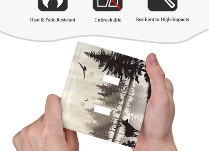 Misty Forest Deer Mountain Tree Black Woodland Lake Nature 2 Gang Light Switch Cover Double Toggle Wall Plate Decorative Switchplate Electrical Faceplate for Bathroom Kitchen Bedroom Decor