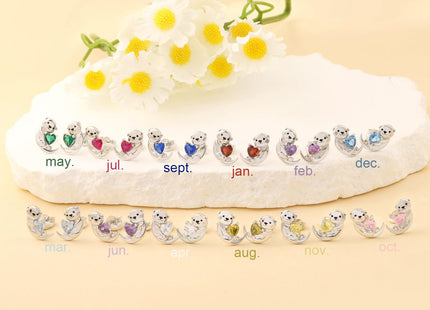 Birthstone Otter Earrings: 925 Sterling Silver Animal Stud (Mar.)