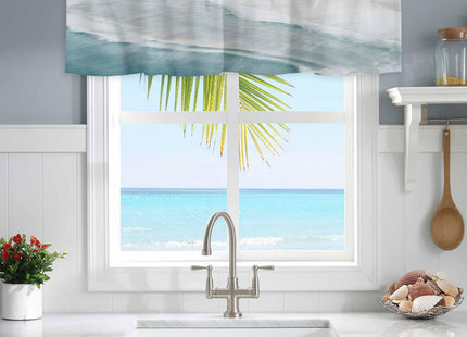 Chucoco Summer Ocean Valance Curtain for Window,Coastal Beach Sea Waves Rod Pocket Kitchen Valances Blue Khaki Gradient Short Curtain Windows Treatment Drape for Bathroom/Living Room/Bedroom/Cafe