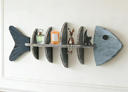 huulmood Wooden Fish Wall Shelf, Wood Fish Beach Decor Display Shelf, Nautical Coastal Style Wall - Mounted Organizer in Bedroom，Living Room，Lake House, Bathroom