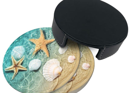 Niukom 6 Pcs Starfish and Seashell On The Summer Beach in Sea Water. Leather Coasters for Drinks with Holder Coaster Sets Drink Table Cup Coasters for Living Room Kitchen Coffee Decor