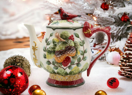 Fine Ceramic Evergreen Holiday Red Cardinal with Pine Cones Teapot, 8-1/8" L