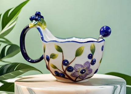 17.64 Oz Microwave Safe Soup Bowl with Loop Handle, Hand Painted Relief Blueberry Decor Mug Big Handle, Ceramic Soup Bowl with Spoon Set for Holding Fruits Cereal Snack, Milk,Ice Cream,Olive and Salsa
