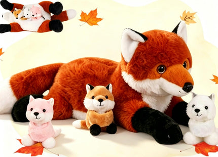 Youthfuljive 4 in 1 Fox Stuffed Animal Plush Set, 19" Large Mommy Red Stuffed Fox Plush Toy with 3 Baby Foxes Fox Plushies Pillow Fox Toys for Girls Boys Kids Birthday Christmas Plush Gifts Decor