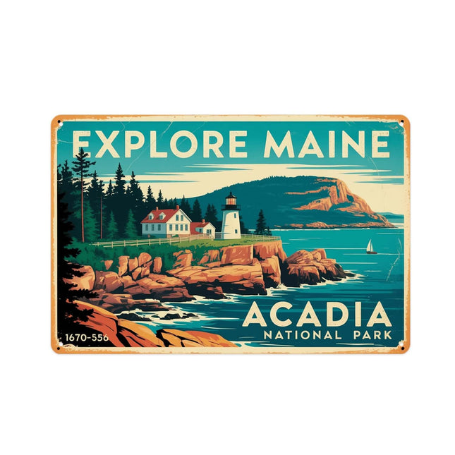 Explore Maine Acadia National Park Tin Sign Lighthouse Wall Decor (8X12 IN)