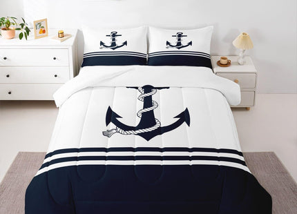 Castle Fairy Nautical Anchor Comforter Set King Size,Ocean Themed Anchor Print Bedding Set All Season Quilt Set,Stripes Geometric Navy White Microfiber Polyester Down Comforter
