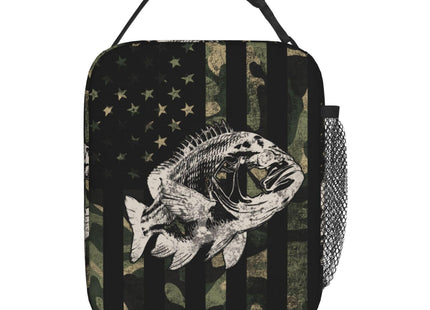 Anyako Fishing Camouflage American Flag Bass Lunch Box, Portable Insulated Lunch Bag with Detachable Handle,Reusable Lunchbox for Boys Girls Men Women Adults