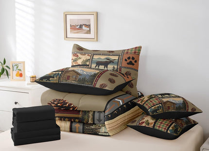 Feelyou Rustic Lodge Bear Moose 7 Piece Bedding Set Twin Size Retro Brown Wild Animal Bear Comforter Set with Sheets Boys Girls Cabin Country Hunting Theme Bed in a Bag Paw Prints Cabin