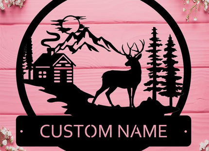 Deer and Cabin Custom Name Sign Metal Wall Art Personalized Last Name Plaque Outdoor Metal Wall Art Personalized Gift for Wedding/Housewarming