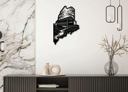 Maine Covered Bridge State Map Metal Wall Art Decor Outdoor Decor Metal Signs Rustic Farmhouse Wall Decoration Stunning Exquisite Piece for Living Room and Office Wall Art (Black,20inch)