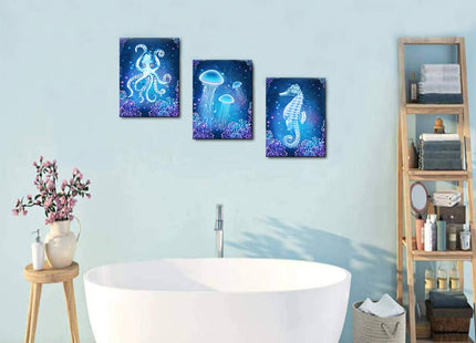 blue Ocean Life Theme Canvas Prints Wall Art Paintings for Living Room Wall Artworks Sea Animal sea horse Octopus jellyfish Pictures Bedroom Decorations 3 Panels Home bathroom Wall decor posters