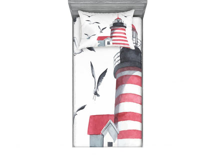 Ambesonne Lighthouse 2 Pack Fitted Sheet & Pillow Sham Set, Seagulls Beach Sea, 4 Pcs Bedding Decor, Package Contains 2 Twin Size Fitted Sheets & 2 Pillow Covers, Pink Grey