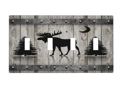 Rustic Deer Moose Forest Tree on Wood Plank Quad Toggle Light Switch Covers Decorative Unique 4 Gang Wall Plate Electrical Faceplate Switchplate for Farmhouse Kitchen Bedroom Bathroom Decor