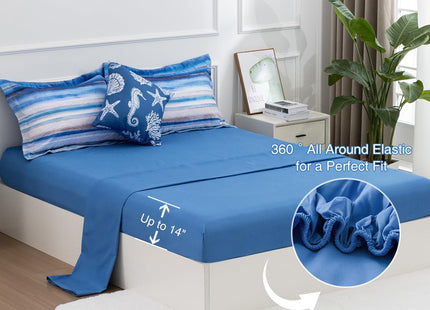 Holawakaka All-Season 6-Piece Nautical Bedding Set King – Complete Beach Stripe Comforter Set with Sheets & Shams