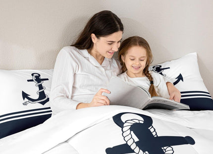 Castle Fairy Nautical Anchor Comforter Set King Size,Ocean Themed Anchor Print Bedding Set All Season Quilt Set,Stripes Geometric Navy White Microfiber Polyester Down Comforter