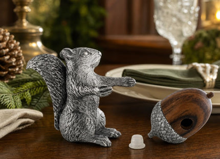 Vagabond House Pewter Squirrel with Wood Acorn Salt and Pepper Shaker Set Fall Harvest Tableware 3 inch Tall