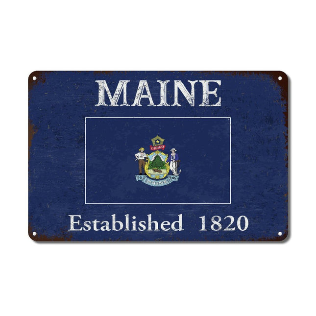 Woguangis Metal Tin Sign Maine State Flag Vintage Blue Background Plaque Maine Established Porch Decor Metal Sign Vintage Wall Hanging Plaque for Home Living Room Bedroom Front Porch 12x8in