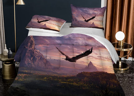 Albideyaa Natural Scenery Print Comforter Set Eagle Flying Over Forest Mountains Landscape King Size Duvet Bedding Set Modern Soft Bald Eagle Pattern Quilt Set with 2Pillowcases