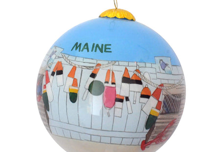 Hand Painted Maine Lobster Traps Ornament – Blown Glass Christmas Tree Decor with Buoys on Fence & Lobstering Artwork, Great for Gifting
