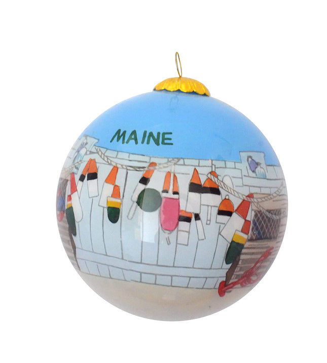 Hand Painted Maine Lobster Traps Ornament – Blown Glass Christmas Tree Decor with Buoys on Fence & Lobstering Artwork, Great for Gifting