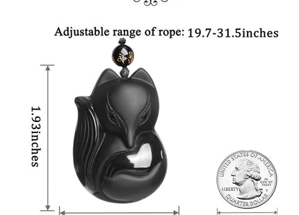 ASGIFT Lucky Fox Necklace Black Obsidian Big Fox Animal Amulet Protection Pendant with Adjustable Beads Chain Natural Crystal Fox Necklaces Jewelry For Women Men