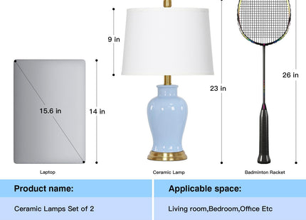 23" Modern Blue Ceramic Table Lamps Set of 2, Coastal Ceramic Lamps for Living Room, Classic Bedside Lamp with Ginger Jar Design, Elegant Bedroom Lamp for Night stand Desk Side End Table Home Decor