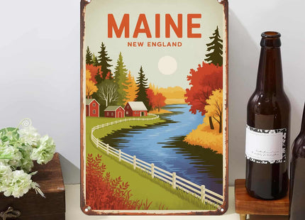 Maine Travel Poster Tin Sign Rustic New England Wall Decor (8X12 IN)