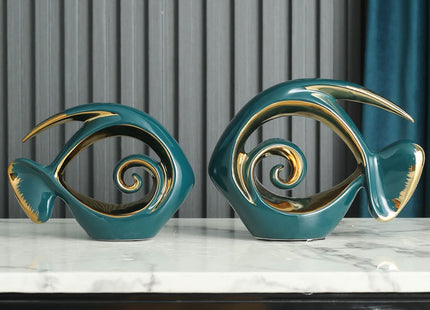 Green Gold Ceramic Fish Figurines - Coastal Home Decor, Modern Ocean Centerpieces for Living Room, Dining Area, Bathroom, Office, Coffee Table, Beach House, Nautical, Seaside, Entrance, Shelf Display